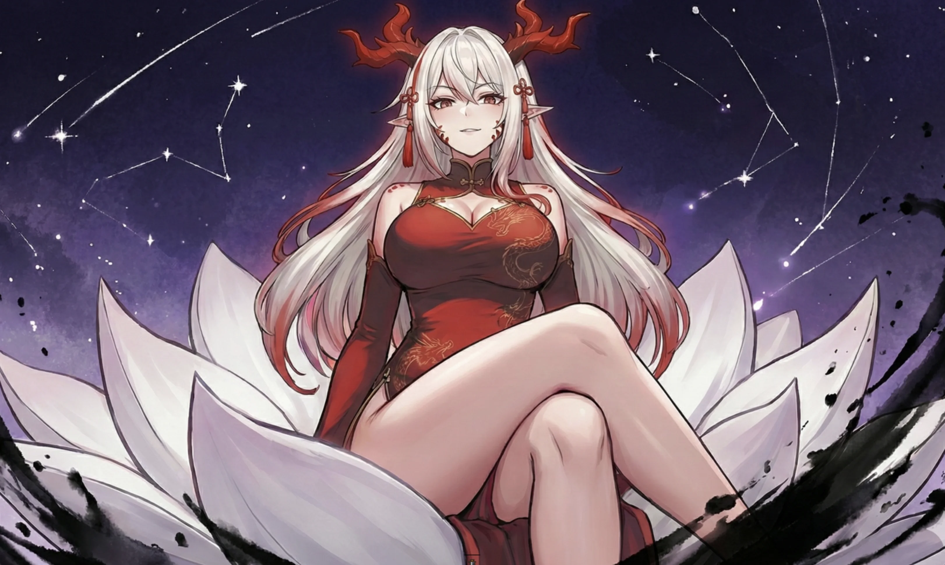 白发龙角女性身着红色服饰坐在星空与白色花瓣构成的玄幻场景中